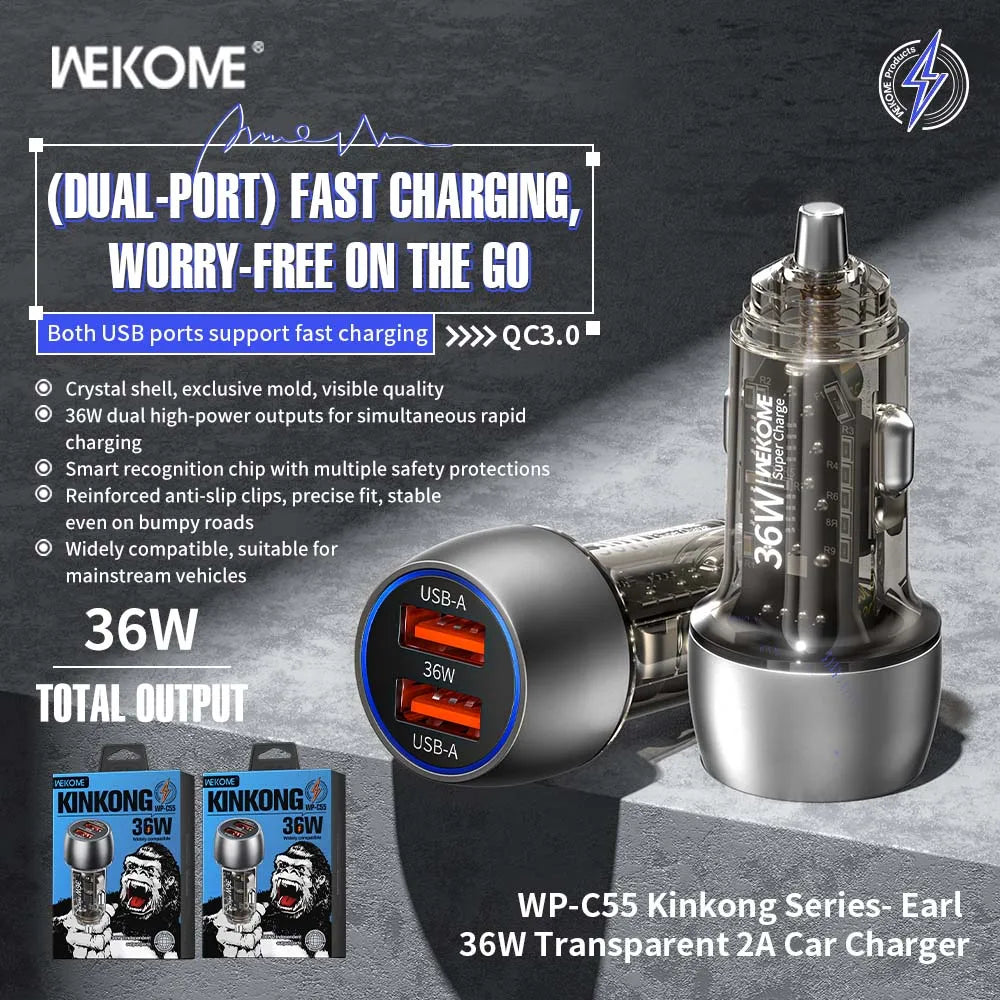 WEKOME Mini 36W Car Charger Super Fast QC3.0 Dual Port Car Charging