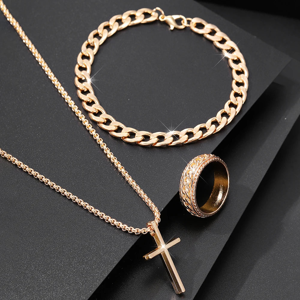 Men's Fashion Jewelry Set - Cross Necklace, Bracelet & Ring