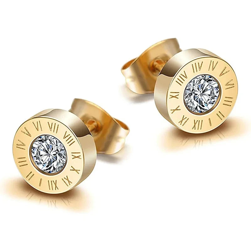 Unisex Roman Numeral Studs - Stainless Steel Acrylic Crystal Earrings