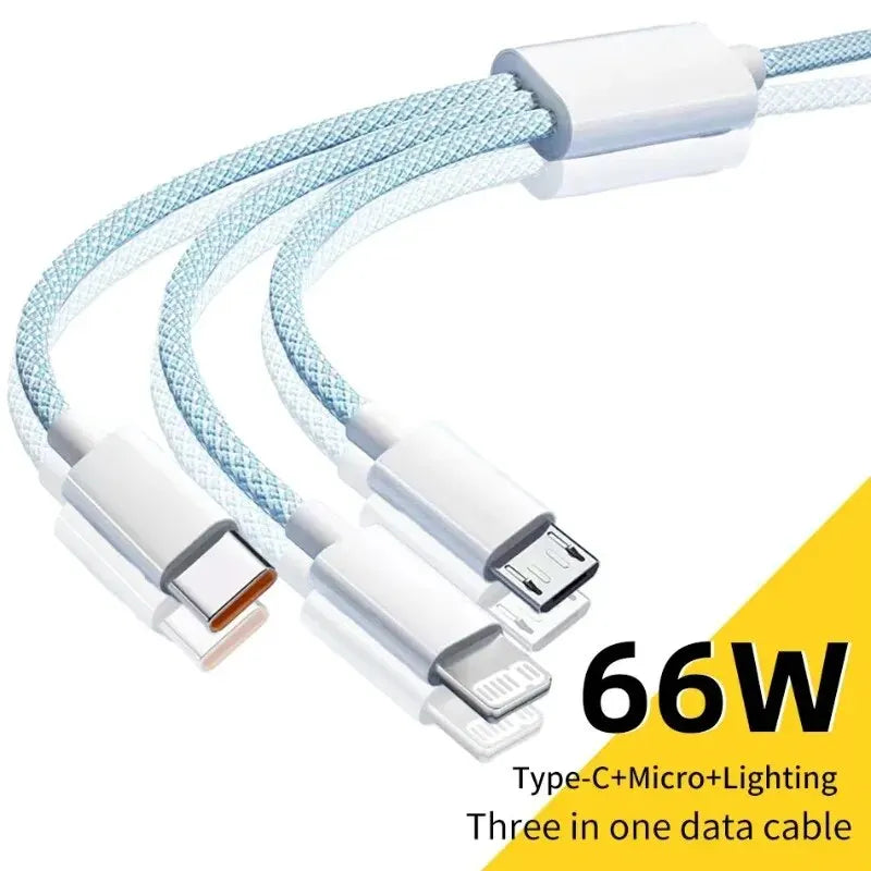 6A 3-in-1 USB-C Fast Charging Cable – 66W Super Charger for Huawei, Xiaomi, Samsung, OPPO, iPhone