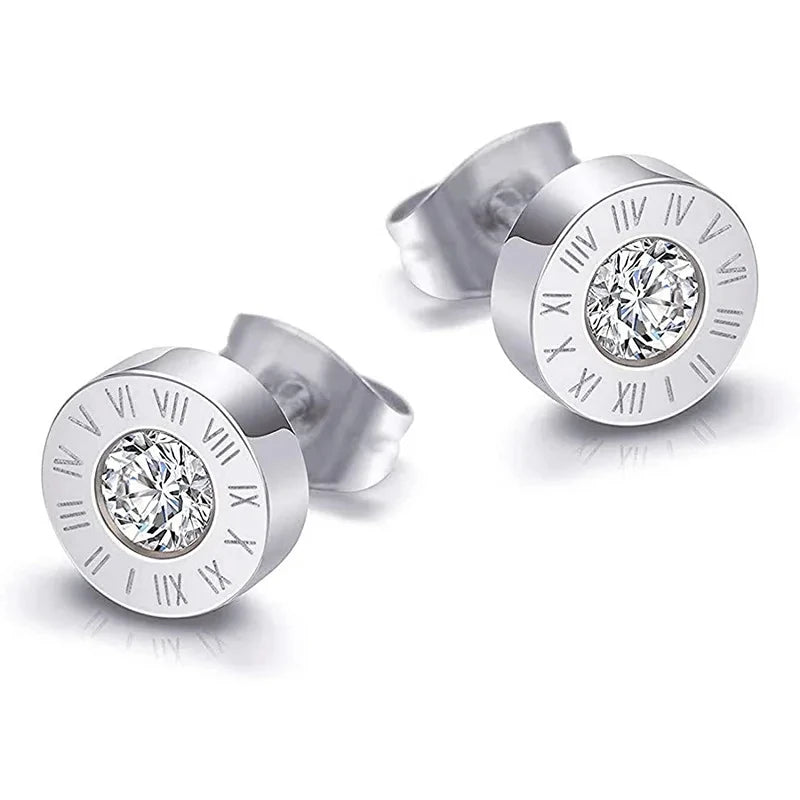 Unisex Roman Numeral Studs - Stainless Steel Acrylic Crystal Earrings