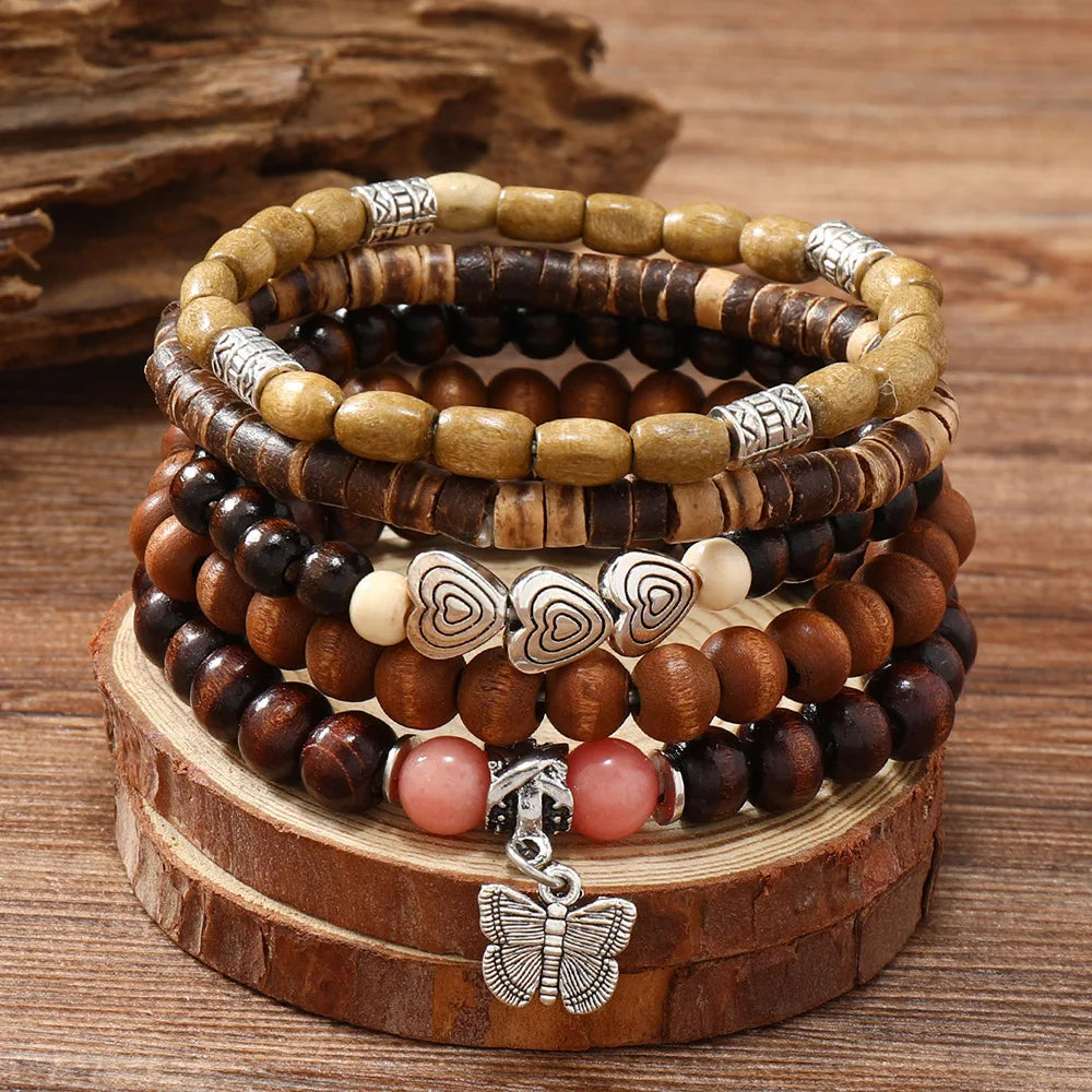 Bohemian Wood Bead & Cactus Charm Bracelets – Hamsa, Butterfly Designs for Men & Women