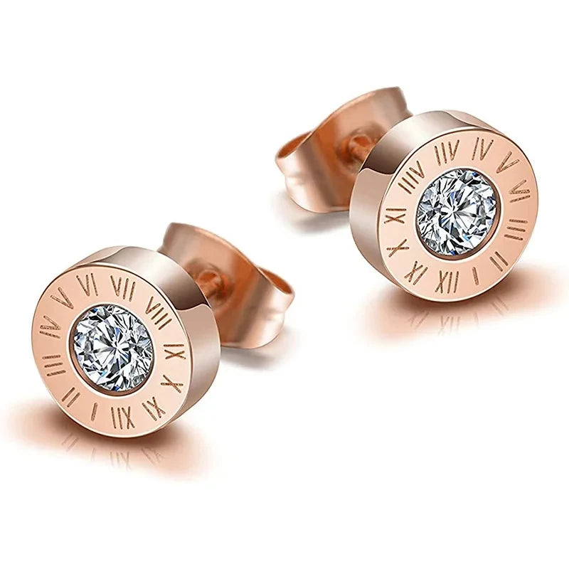Unisex Roman Numeral Studs - Stainless Steel Acrylic Crystal Earrings