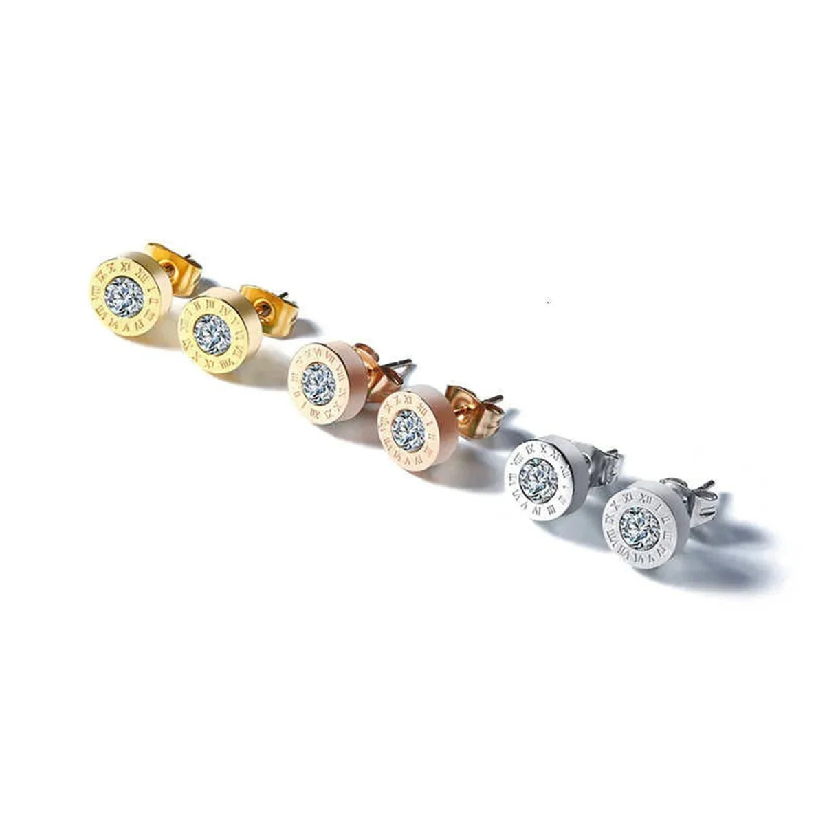 Unisex Roman Numeral Studs - Stainless Steel Acrylic Crystal Earrings
