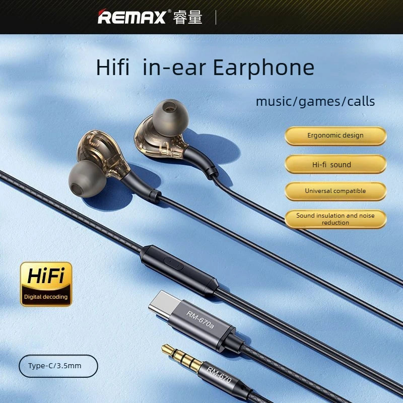 REMAX Transparent Wired Earphones with In-Line Mic (3.5mm/Type-C Universal)