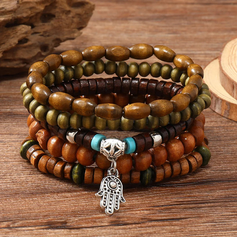Bohemian Wood Bead & Cactus Charm Bracelets – Hamsa, Butterfly Designs for Men & Women