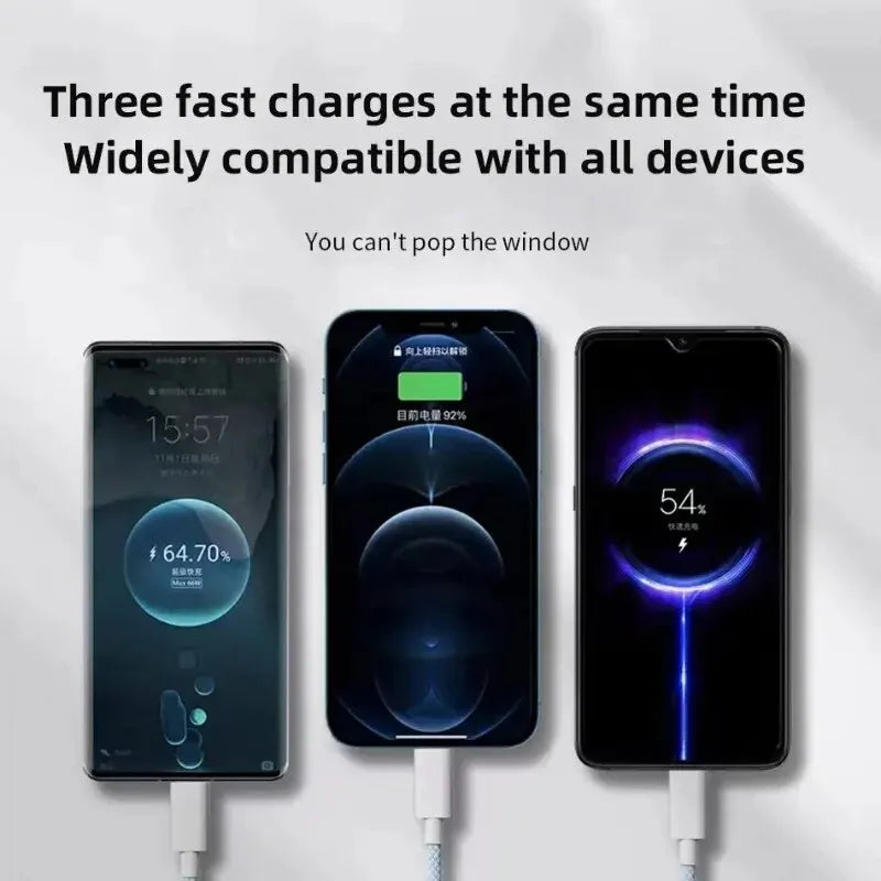 6A 3-in-1 USB-C Fast Charging Cable – 66W Super Charger for Huawei, Xiaomi, Samsung, OPPO, iPhone