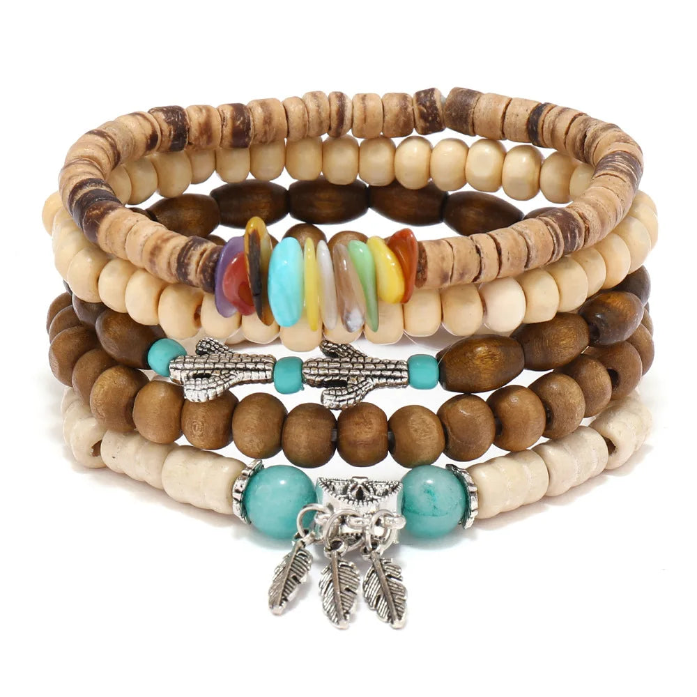 Bohemian Wood Bead & Cactus Charm Bracelets – Hamsa, Butterfly Designs for Men & Women