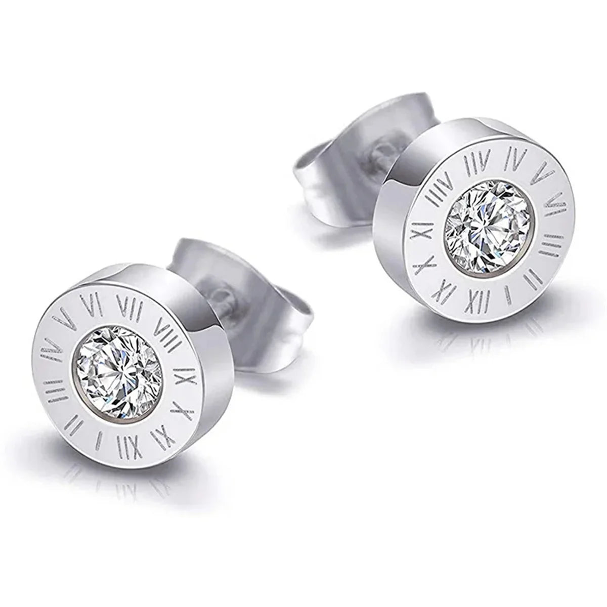 Unisex Roman Numeral Studs - Stainless Steel Acrylic Crystal Earrings