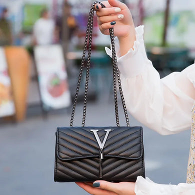 Sophisticated Sequined Tassel Shoulder Bag with Embroidery - Luxury V Letter Brand
