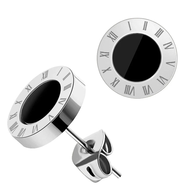 Unisex Roman Numeral Studs - Stainless Steel Acrylic Crystal Earrings