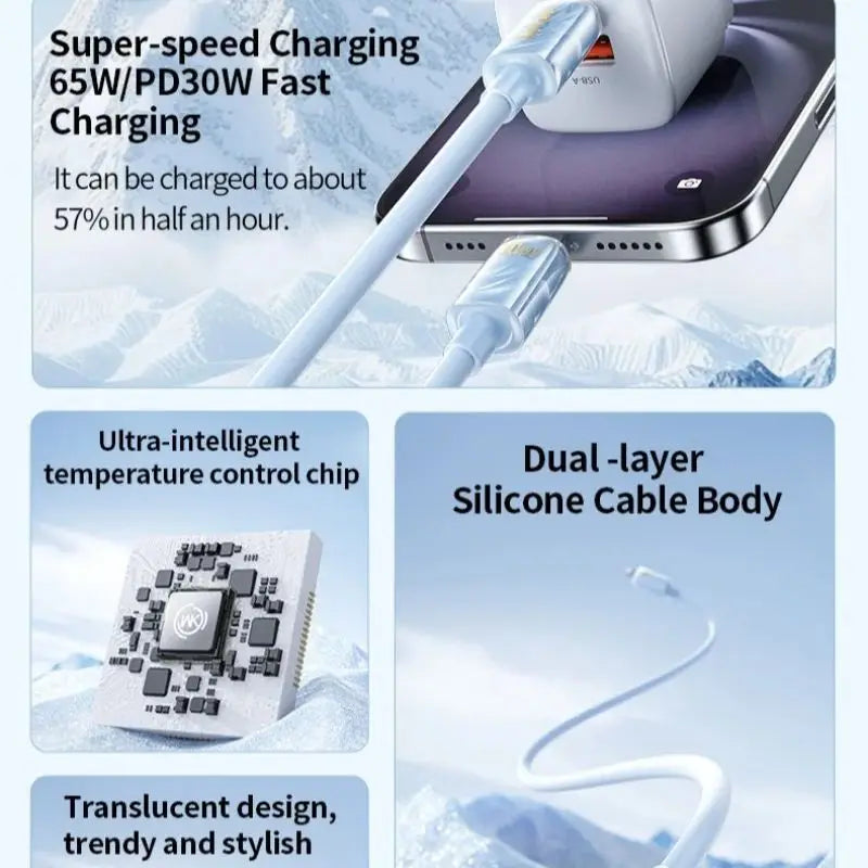 WEKOME 65W Super Fast Charging Cable – Type-C & iPhone Laptop Compatible