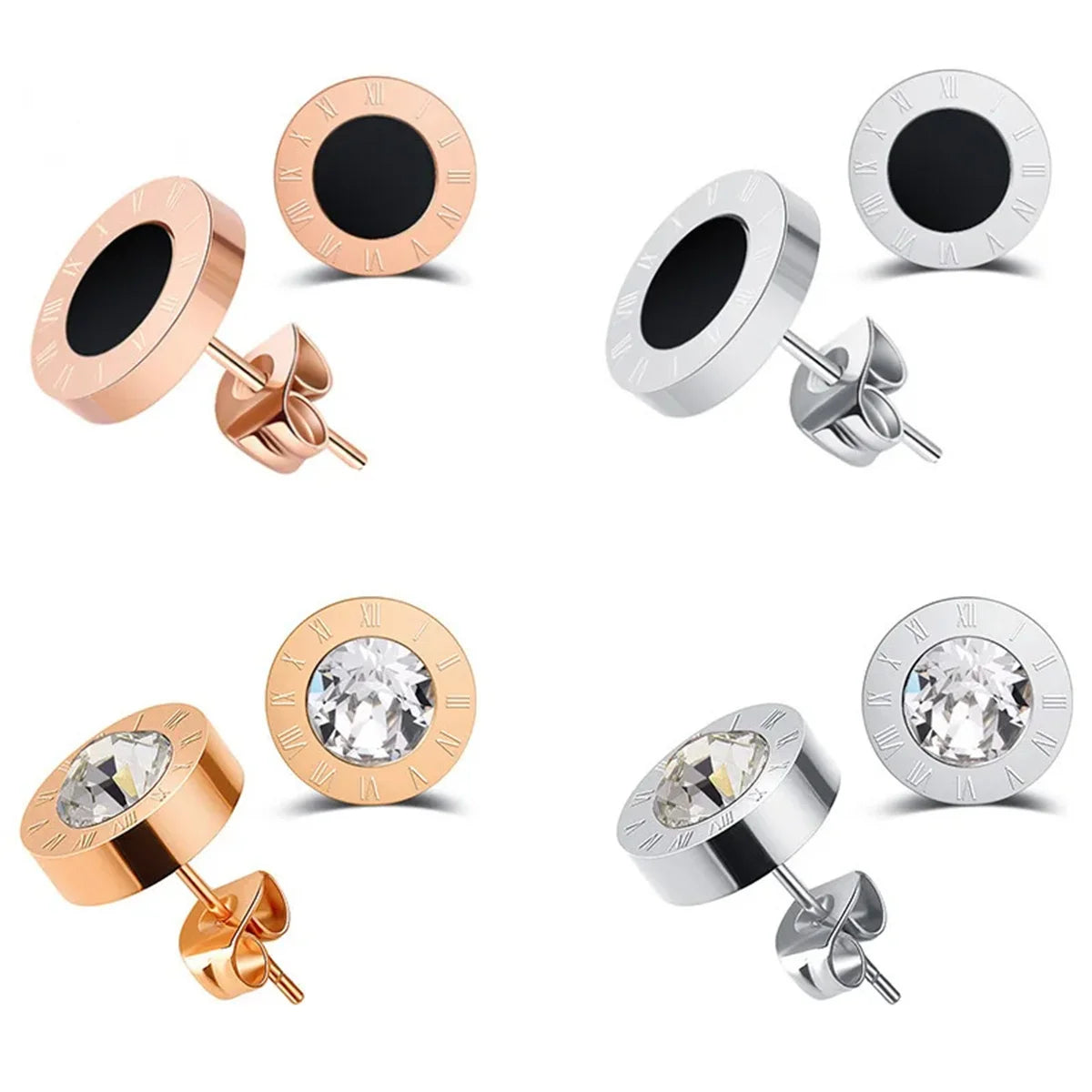 Unisex Roman Numeral Studs - Stainless Steel Acrylic Crystal Earrings