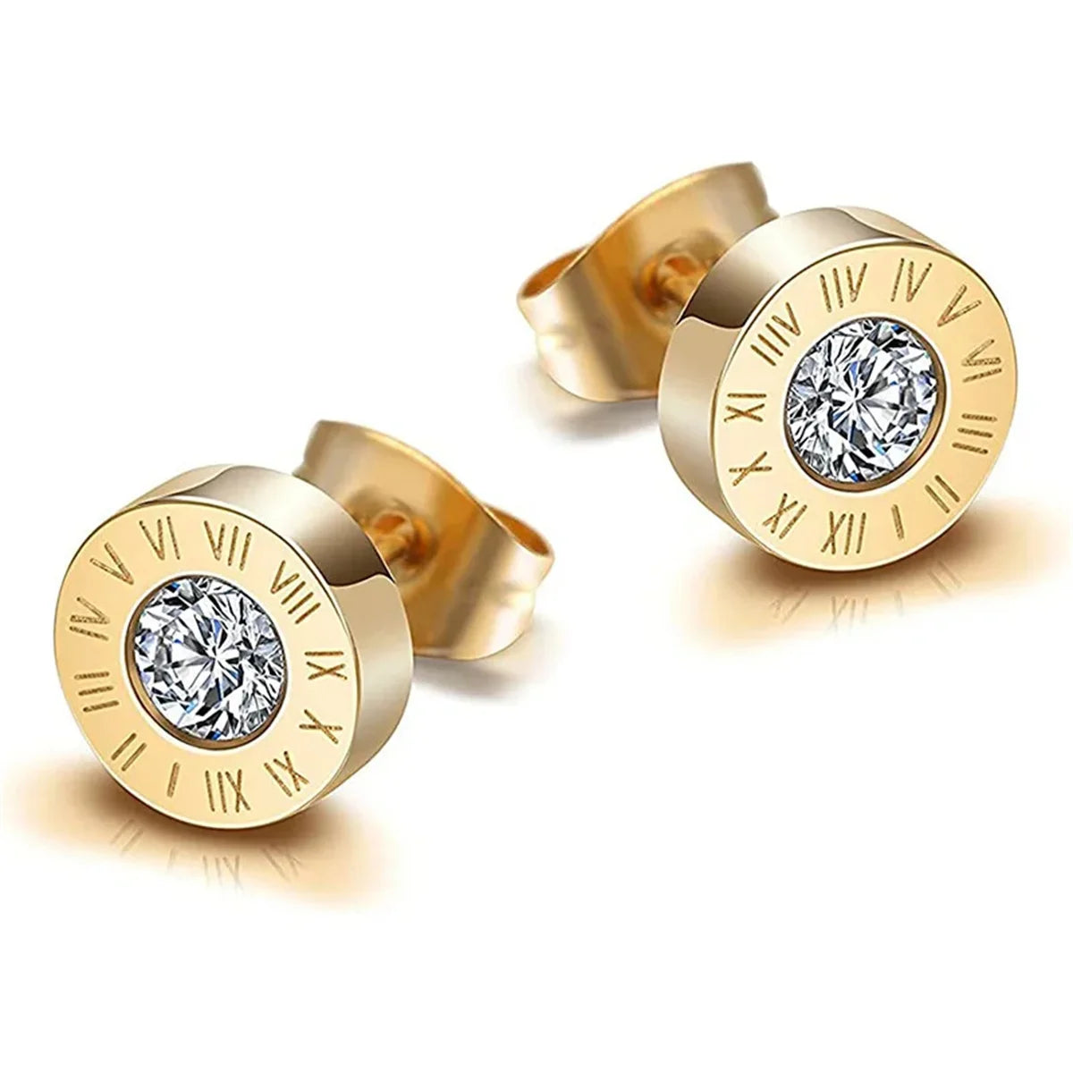 Unisex Roman Numeral Studs - Stainless Steel Acrylic Crystal Earrings