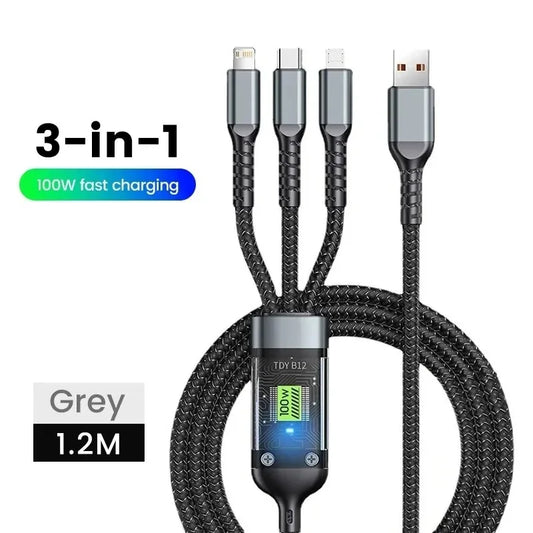 3-in-1 100W Fast Charging Cable – USB-C, Micro USB, Compatible with iPhone, Samsung, Huawei, Realme