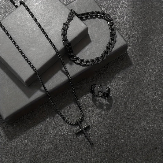 Men's Fashion Jewelry Set - Cross Necklace, Bracelet & Ring