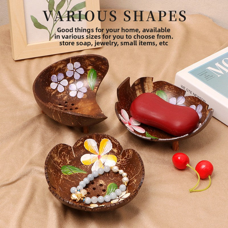 Bloom & Drain – Handcrafted Coconut Shell Floral Soap Dish