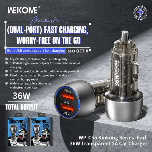 WEKOME Mini 36W Car Charger Super Fast QC3.0 Dual Port Car Charging
