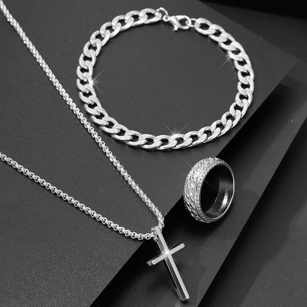 Men's Fashion Jewelry Set - Cross Necklace, Bracelet & Ring