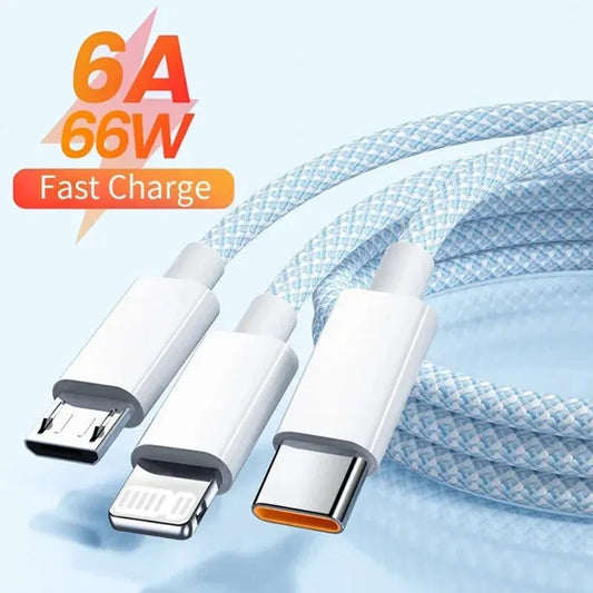 6A 3-in-1 USB-C Fast Charging Cable – 66W Super Charger for Huawei, Xiaomi, Samsung, OPPO, iPhone
