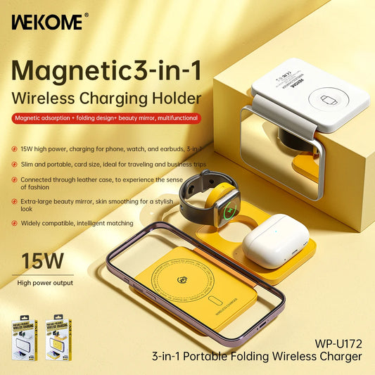 WEKOME 3-in-1 Portable Wireless Charger 15W – Magnetic Phone Holder, Vertical Fast Charging