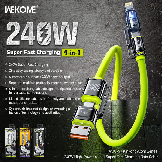 WEKOME 240W 4-in-1 Fast Charging Cable – Dual Type-C Silicone Multi Charging Cord
